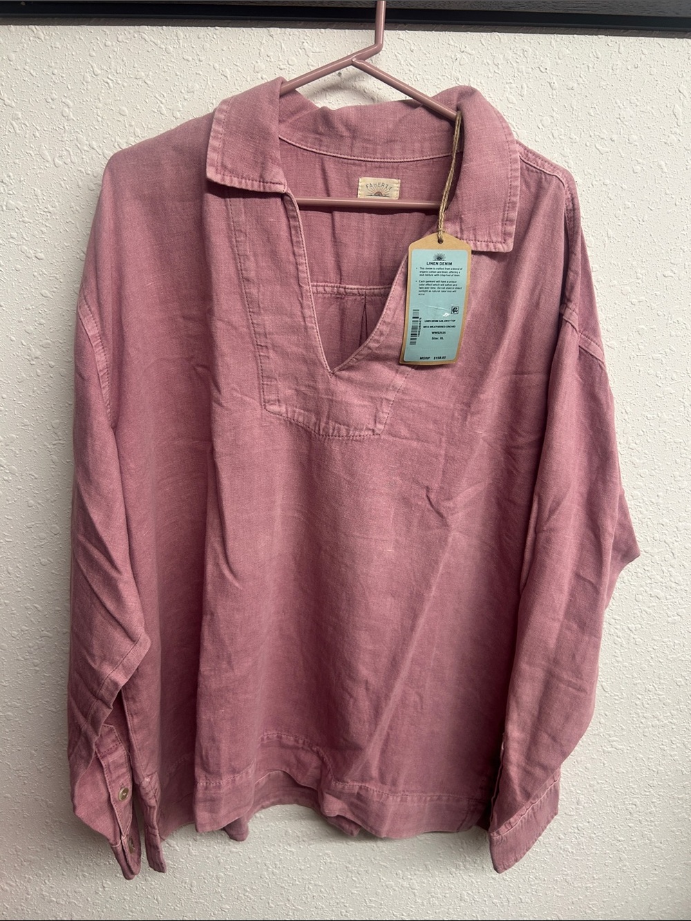 Faherty Washed Pink Pullover Button-Collar Blouse